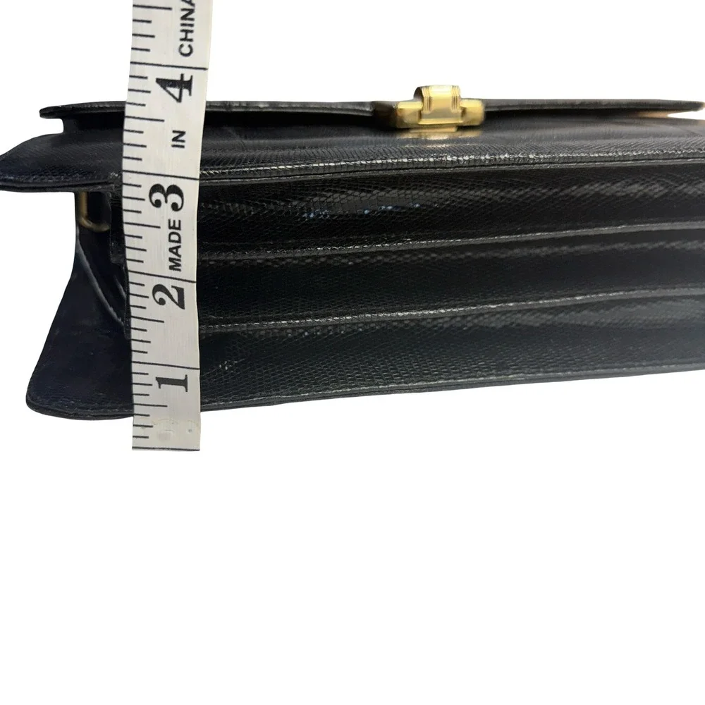 Vintage Black‎ Lizard Embossed Leather Top Handle Strap Purse Bag Gold Hardware